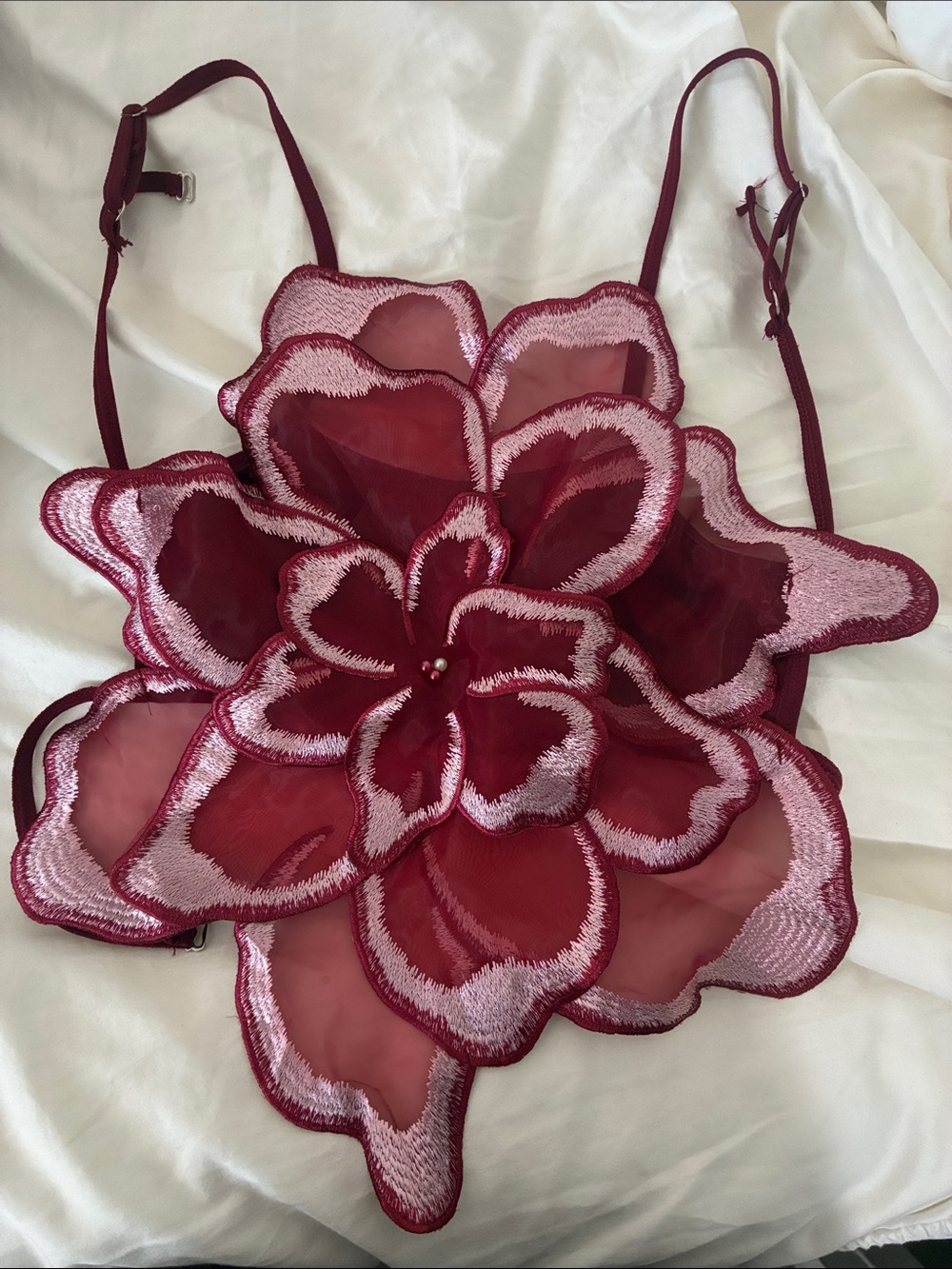 Source Unknown Burgundy Floral Appliqué Sheer Cami